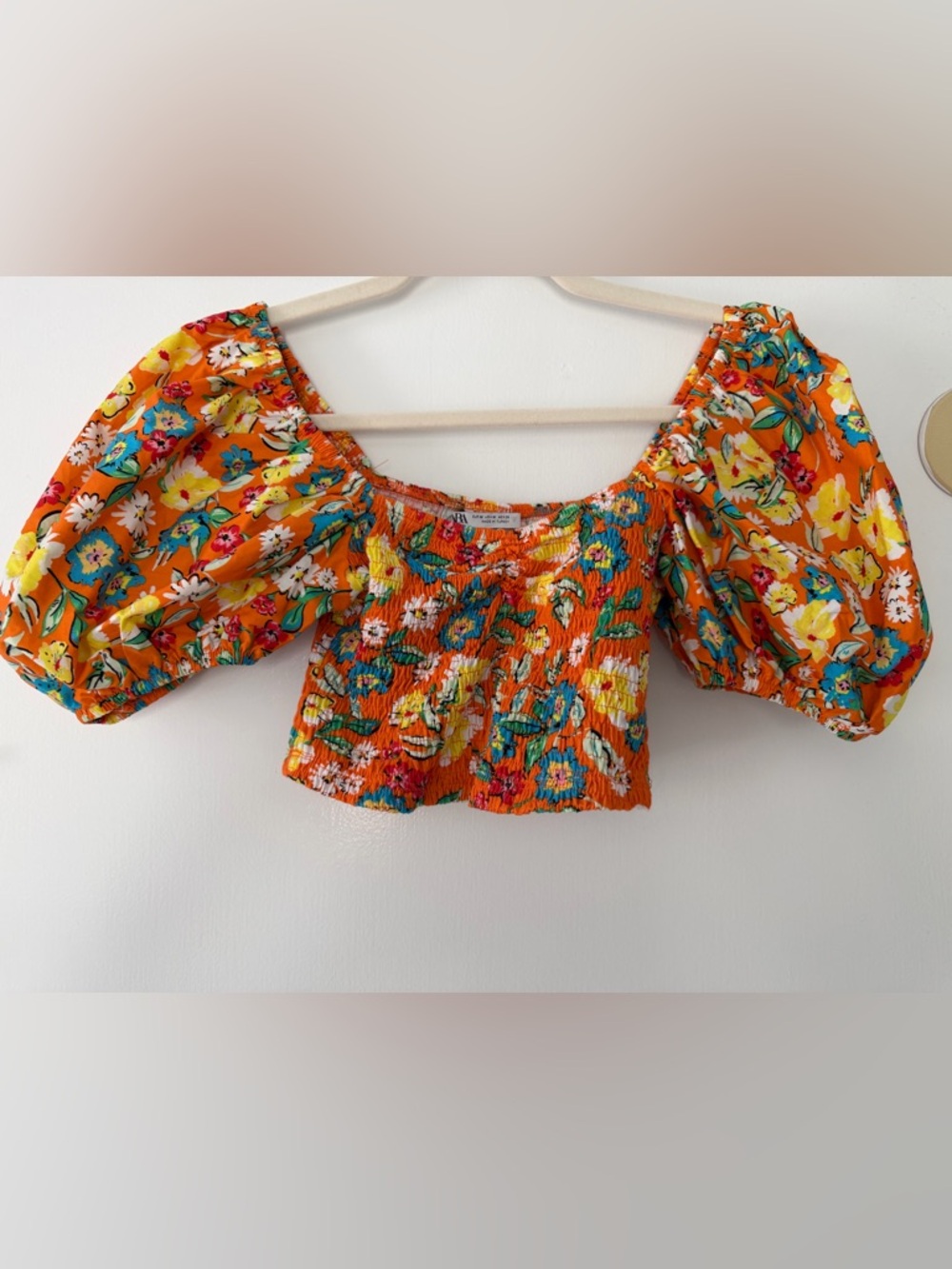 Zara Orange Floral Smocked Off-Shoulder Crop Top women size m